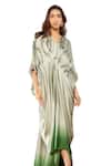 Buy_Babita Malkani_Green Satin V-neck Printed Kaftan Dress _Online_at_Aza_Fashions