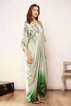 Shop_Babita Malkani_Green Satin V-neck Printed Kaftan Dress _Online_at_Aza_Fashions