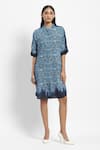 Buy_Satya Paul_Blue Linen Printed Abstract Band Collar Peacocks Dragons And Vines Short Tunic _at_Aza_Fashions