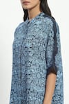 Satya Paul_Blue Linen Printed Abstract Band Collar Peacocks Dragons And Vines Short Tunic _at_Aza_Fashions