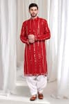 Buy_Aham-Vayam_Red Cotton Embellished Mirrorwork Kaanchkaari Kurta With Patiyala _Online_at_Aza_Fashions