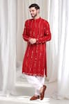 Shop_Aham-Vayam_Red Cotton Embellished Mirrorwork Kaanchkaari Kurta With Patiyala _Online_at_Aza_Fashions