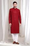 Shop_Aham-Vayam_Red Cotton Embroidery Thread Nitaara Kurta With Churidaar _Online_at_Aza_Fashions