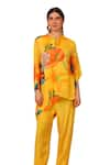 Shop_SAYISHA_Yellow Chinon Printed Floral Band Collar Embroidered Tunic And Pant Set 