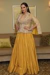 Buy_Mrunalini Rao_Yellow Jacket Raw Silk Hand Embroidered Sequin Shaw Collar Kamala And Skirt Set _at_Aza_Fashions