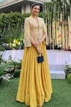 Mrunalini Rao_Yellow Jacket Raw Silk Hand Embroidered Sequin Shaw Collar Kamala And Skirt Set _Online