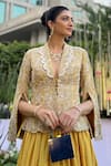 Buy_Mrunalini Rao_Yellow Jacket Raw Silk Hand Embroidered Sequin Shaw Collar Kamala And Skirt Set _Online