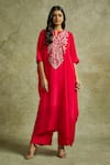 Buy_Wazir C_Pink Crepe Embroidered Kashmiri Tilla Notched Gul Kaftan With Pant _at_Aza_Fashions