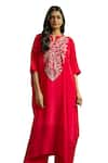 Shop_Wazir C_Pink Crepe Embroidered Kashmiri Tilla Notched Gul Kaftan With Pant _Online_at_Aza_Fashions