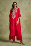 Wazir C_Pink Crepe Embroidered Kashmiri Tilla Notched Gul Kaftan With Pant _at_Aza_Fashions