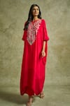 Wazir C_Pink Crepe Embroidered Kashmiri Tilla Notched Gul Kaftan With Pant _Online