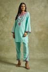 Shop_Wazir C_Sky Blue Muslin Embroidery Kashmiri Aari Round Gul Kurta With Pant _Online_at_Aza_Fashions