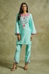 Shop_Wazir C_Sky Blue Muslin Embroidery Kashmiri Aari Round Gul Kurta With Pant 