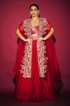 Mrunalini Rao_Red Dupion Silk Embroidery Zardozi Cape Open And Skirt Set _Online