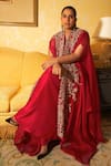 Buy_Mrunalini Rao_Red Dupion Silk Embroidery Zardozi Cape Open And Skirt Set _Online