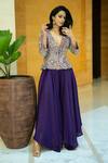 Buy_Mrunalini Rao_Purple Jacket Raw Silk Embroidered Resham V Neck Paisley And Flared Pant 