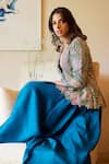 Buy_Mrunalini Rao_Blue Jacket Raw Silk Embroidered Resham And Zardozi Work Peplum Flared Pant Set _at_Aza_Fashions