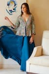 Buy_Mrunalini Rao_Blue Jacket Raw Silk Embroidered Resham And Zardozi Work Peplum Flared Pant Set 