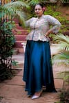 Buy_Mrunalini Rao_Blue Jacket Raw Silk Embroidered Resham And Zardozi Work Peplum Flared Pant Set _Online