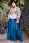 Mrunalini Rao_Blue Jacket Raw Silk Embroidered Resham And Zardozi Work Peplum Flared Pant Set 