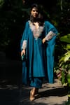 Mrunalini Rao_Blue Silk Embroidery V-neck Placement Kaftan And Pant Set _at_Aza_Fashions