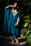Buy_Mrunalini Rao_Blue Silk Embroidery V-neck Placement Kaftan And Pant Set 