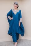 Mrunalini Rao_Blue Silk Embroidery V-neck Placement Kaftan And Pant Set _Online