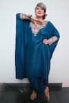 Shop_Mrunalini Rao_Blue Silk Embroidery V-neck Placement Kaftan And Pant Set _Online