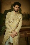 Buy_Mrunalini Rao_Yellow Sherwani Raw Silk Embroidered Resham And Pearl Work Nevan Set _at_Aza_Fashions