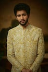 Shop_Mrunalini Rao_Yellow Sherwani Raw Silk Embroidered Resham And Pearl Work Nevan Set 