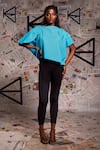 Buy_Echke_Blue 100% Cotton Denim Mandarin Collar Asymmetric Ruched Top _at_Aza_Fashions