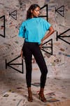 Shop_Echke_Blue 100% Cotton Denim Mandarin Collar Asymmetric Ruched Top _Online_at_Aza_Fashions