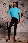 Buy_Echke_Blue 100% Cotton Denim Mandarin Collar Asymmetric Ruched Top 