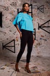 Shop_Echke_Blue 100% Cotton Denim Mandarin Collar Asymmetric Ruched Top 