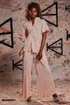 Buy_Echke_Peach 100% Metallic V Neck Pleated Asymmetric Top And Pant Set _at_Aza_Fashions