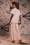 Shop_Echke_Peach 100% Metallic V Neck Pleated Asymmetric Top And Pant Set _at_Aza_Fashions