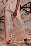 Buy_Echke_Peach 100% Metallic V Neck Pleated Asymmetric Top And Pant Set _Online_at_Aza_Fashions