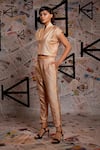 Echke_Gold 100% Metallic Pointed Collar Crop Jacket And Pant Set _Online_at_Aza_Fashions