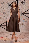 Buy_Echke_Brown 100% Cotton V Neck Ruched Flared Midi Dress _at_Aza_Fashions