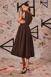 Echke_Brown 100% Cotton V Neck Ruched Flared Midi Dress _Online_at_Aza_Fashions