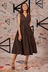 Echke_Brown 100% Cotton V Neck Ruched Flared Midi Dress _at_Aza_Fashions