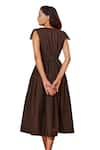 Shop_Echke_Brown 100% Cotton V Neck Ruched Flared Midi Dress 