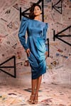 Buy_Echke_Blue 100% Diva Satin Straight Side Ruched Midi Dress _at_Aza_Fashions