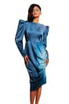 Buy_Echke_Blue 100% Diva Satin Straight Side Ruched Midi Dress _Online_at_Aza_Fashions