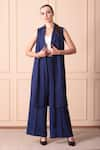 Buy_ORCR_Blue Moss Crepe Hand Embroidered Beads Open Neck Jacket And Pant Set _at_Aza_Fashions