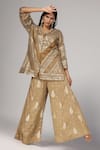 Rina Dhaka_Gold Net Embroidered Sequin V-neck Geometric Jacket With Pant _Online_at_Aza_Fashions