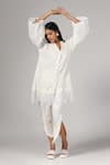 Rina Dhaka_White Cotton Woven V-neck Geometric Lace Work Jacket With Pant _Online_at_Aza_Fashions