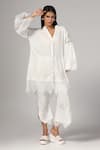 Buy_Rina Dhaka_White Cotton Woven V-neck Geometric Lace Work Jacket With Pant _at_Aza_Fashions