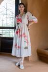 Buy_Raiman_Off White Cotton Hand Embroidery Thread V-neck Bogainvillea Print Midi Dress _at_Aza_Fashions