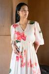 Raiman_Off White Cotton Hand Embroidery Thread V-neck Bogainvillea Print Midi Dress _Online_at_Aza_Fashions